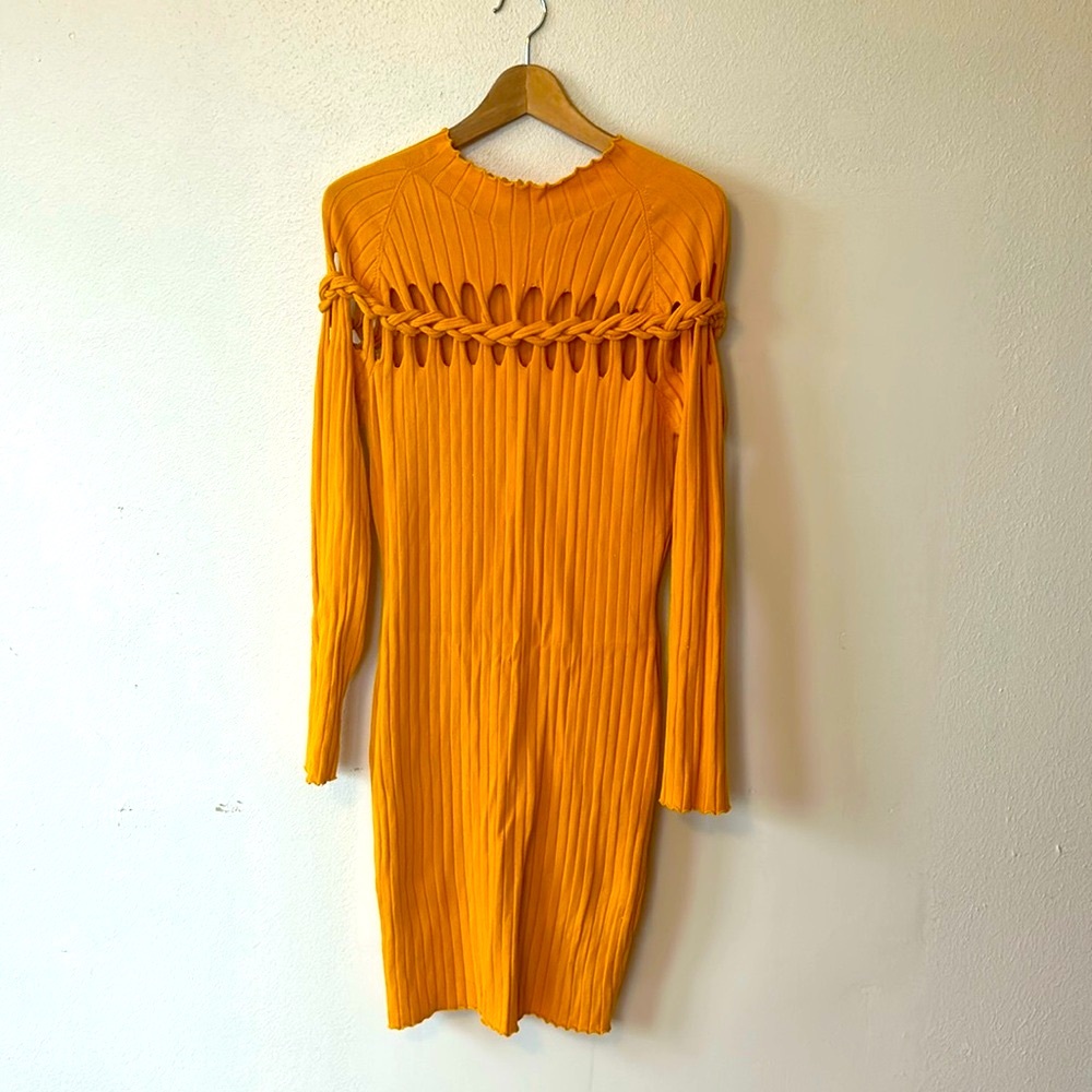 Mustard mock neck knit body con long sleeve sweater dress mini cutout XL